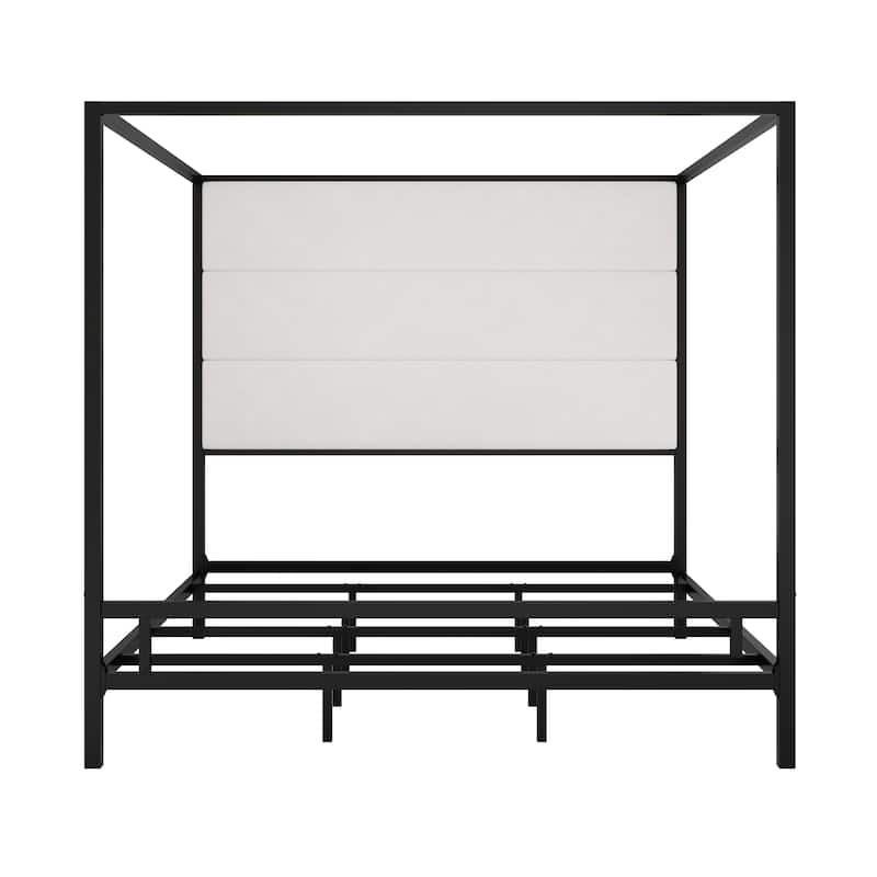 Metal Canopy Bed with Upholstered Wingback Headboard, Modern Platform 4-poster Bed Frame, Box Spring Needed