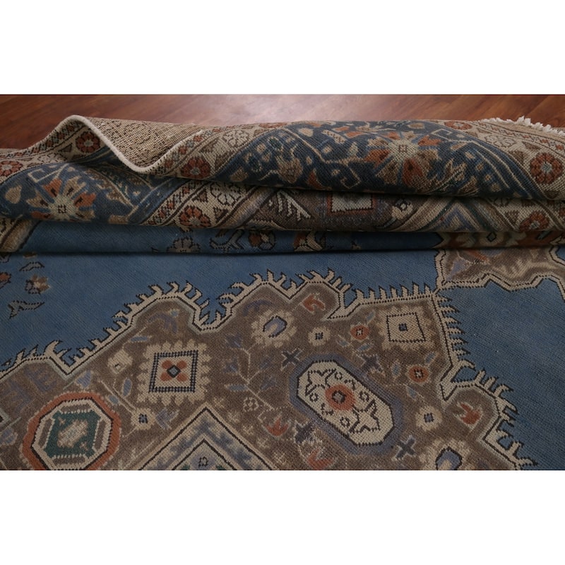 Blue Geometric Tabriz Persian Vintage Rug Hand-Knotted Wool Carpet - 9'6" x 13'1"