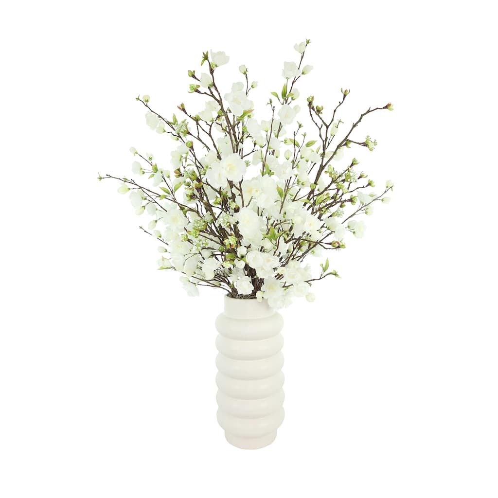 Cherry Blossoms Arranged in Ridged Ceramic Vase - White, Cream
