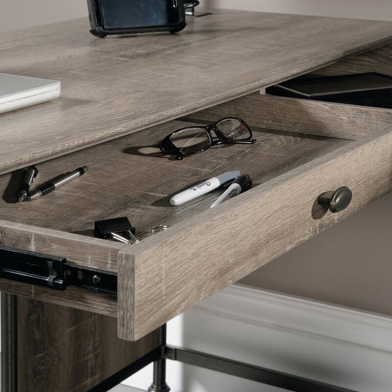 Engineered Wood Industrial L-Shaped Desk with Built-In Usb Ports And Grommet Holes, Brown