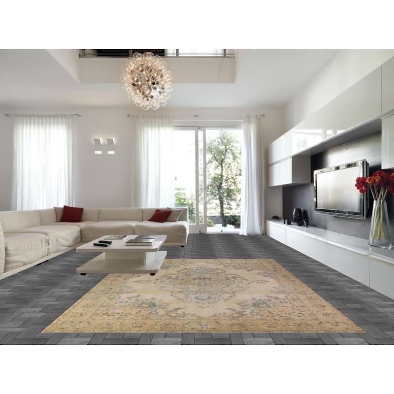 Floral Tabriz Persian Area Rug Beige Bedroom Handmade Wool Carpet - 9'6"x 12'9"