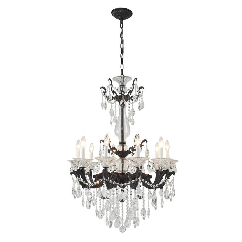 10Light Satin Black Metal Chandelier With Clear Hanging Crystals On