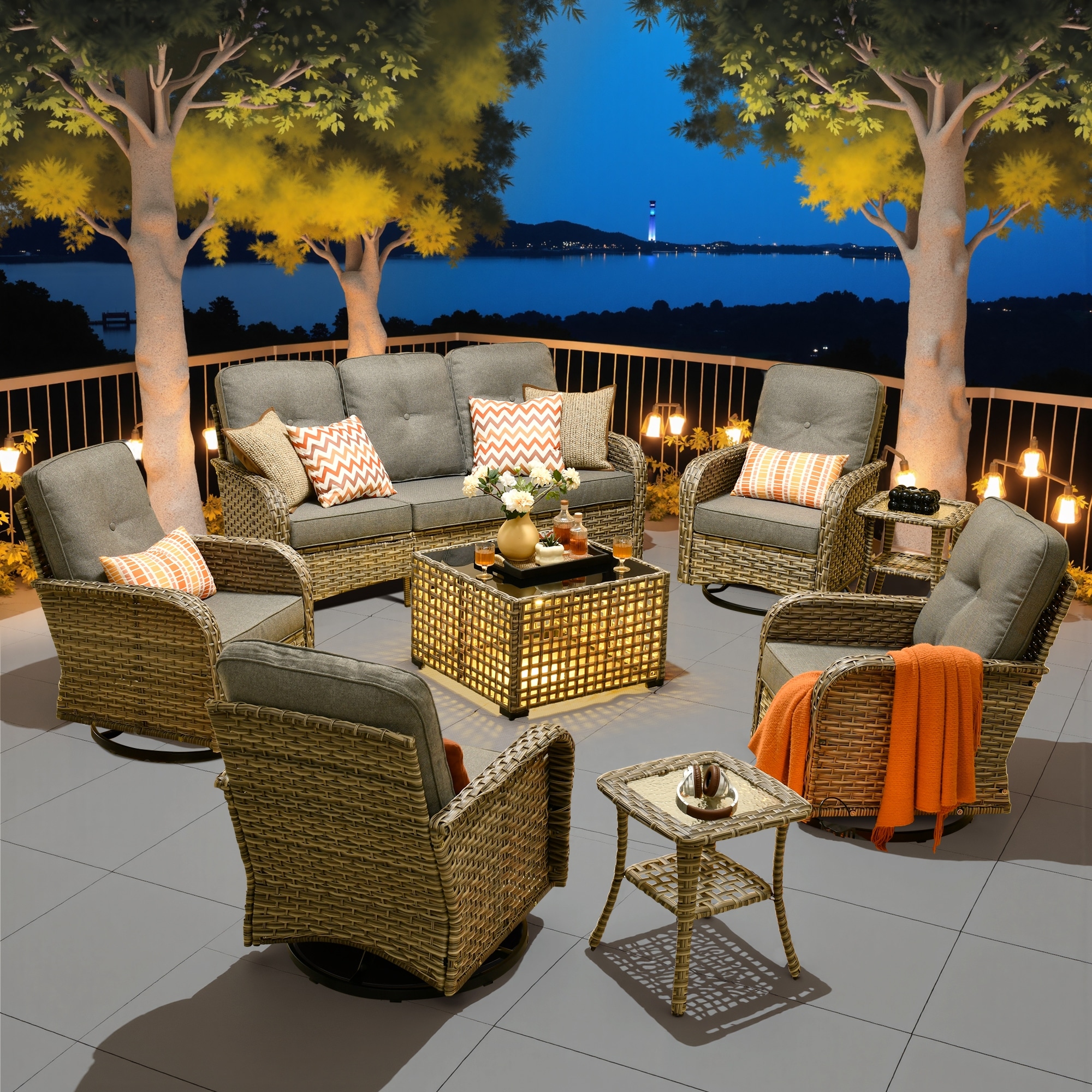 HOOOWOOO 8-piece Patio Wicker Rattan Swivel Rocking Chair Set with Solar-powered Table