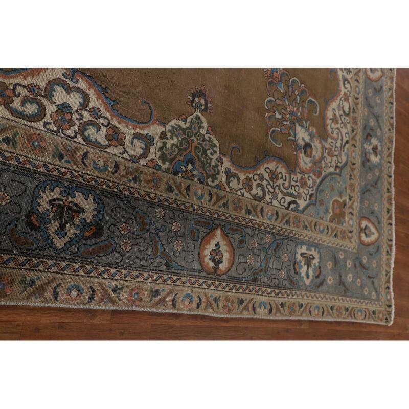 Brown Over Dyed Tabriz Persian Vintage Rug Handmade Wool Carpet - 9'3"x 12'7"