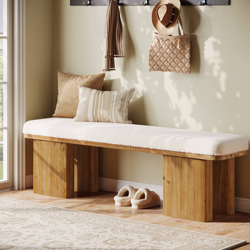 59.05-Inch Solid Wood Bench, Modern Upholstered End of Bed Bench - 	White & Brown