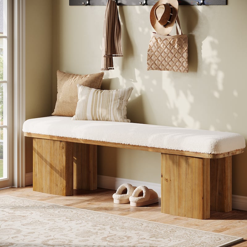 59.05-Inch Solid Wood Entryway Bench, Modern Upholstered End of Bed Bench, Long Ottoman for Bedroom, Entryway