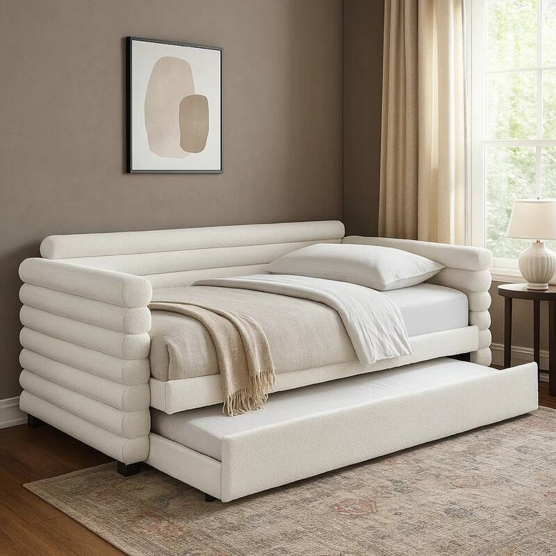 Ricia Twin Daybed with Trundle, Layered Bolster Design, White Boucle