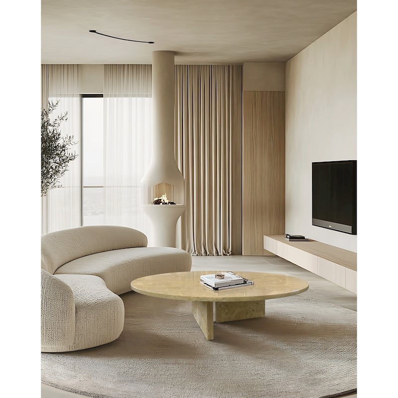 Roomfitters Round Marble Coffee Table, Natural Stone Living Room Table, Solid Marble Low Profile Design - Beige+Gold,Beige+yellow