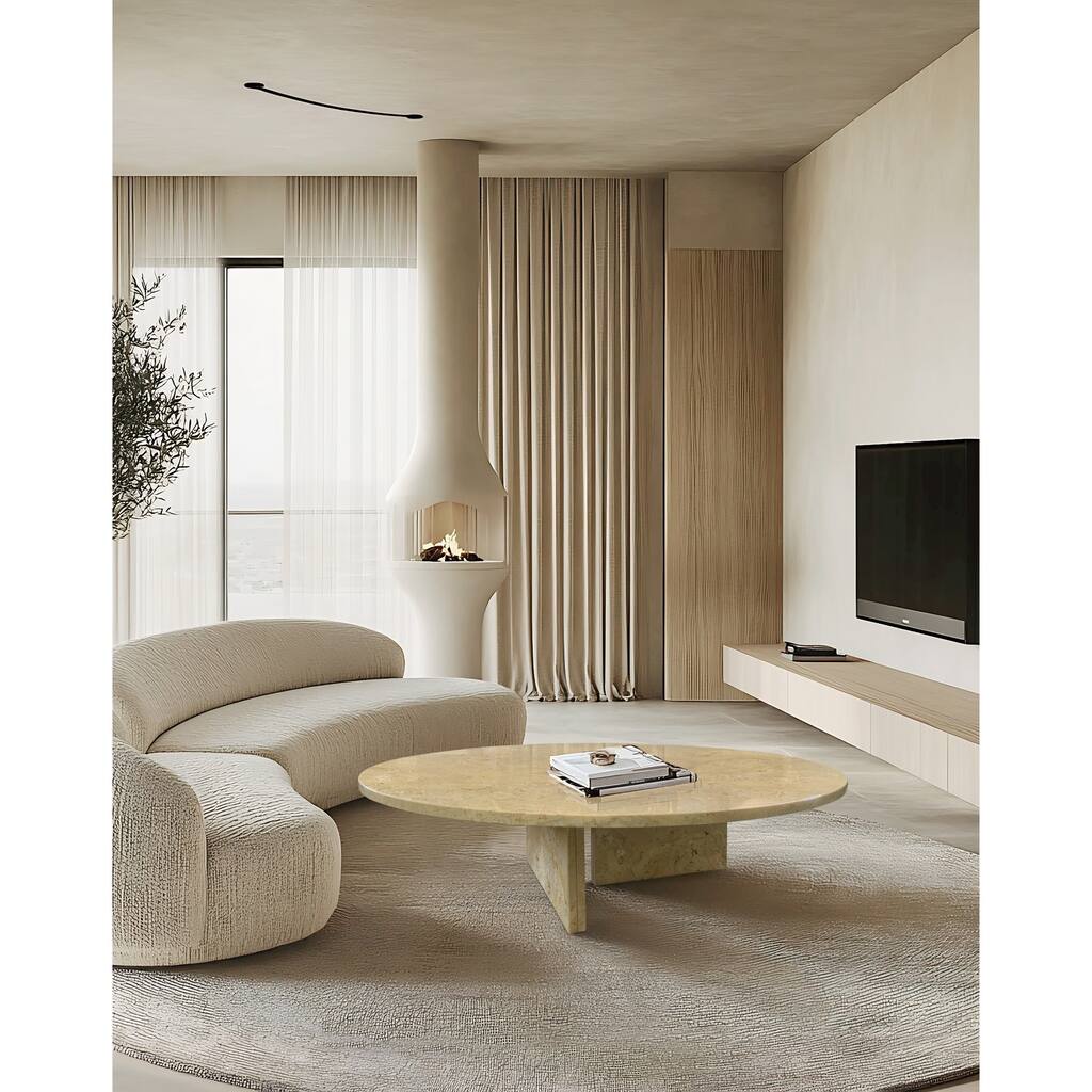 Roomfitters Round Marble Coffee Table, Natural Stone Living Room Table, Solid Marble Low Profile Design