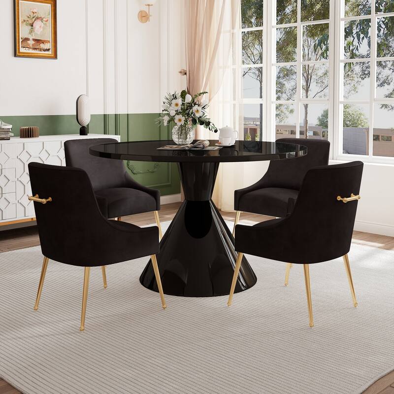 48" Light Luxury Black High Gloss Large Countertop Dining Table with Velvet Dining Chair Set