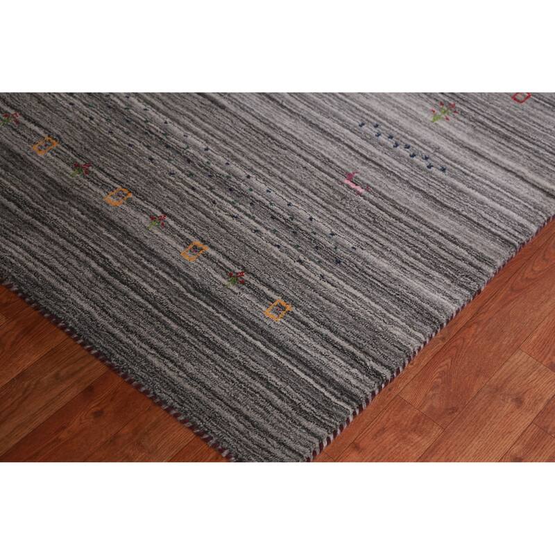Hand Knotted Oriental 100% Wool Carpet Tribal Stripe Greys & Charcoal Gabbeh Area Rug - 9' 7'' X 8' 1''