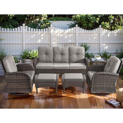 Patio Swivel Chair with 3-seat Sofa and Ottomans - Brown