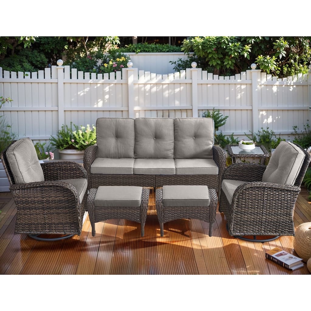 Patio Swivel Chair with 3-seat Sofa and Ottomans - Brown