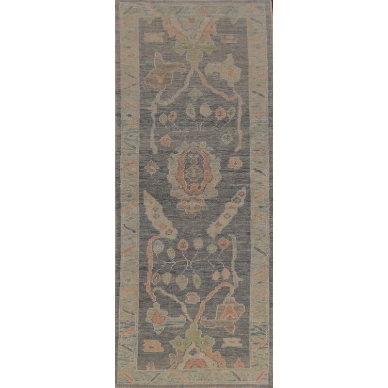 Hand Knotted Oriental 100% Wool Carpet Transitional Geometric Navy Blue & Blues Oushak Runner Rug - 9' 6'' X 2' 11''