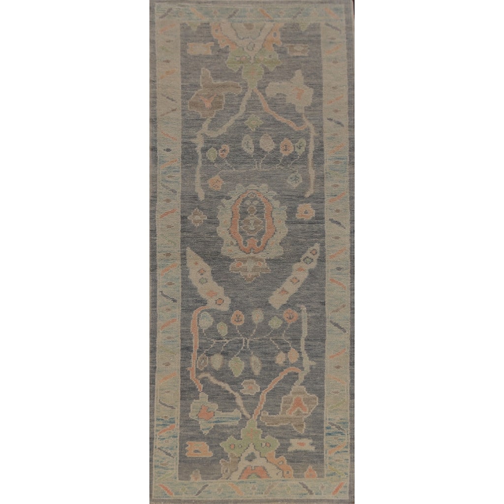Hand Knotted Oriental 100% Wool Carpet Transitional Geometric Navy Blue & Blues Oushak Runner Rug - 9' 6'' X 2' 11''