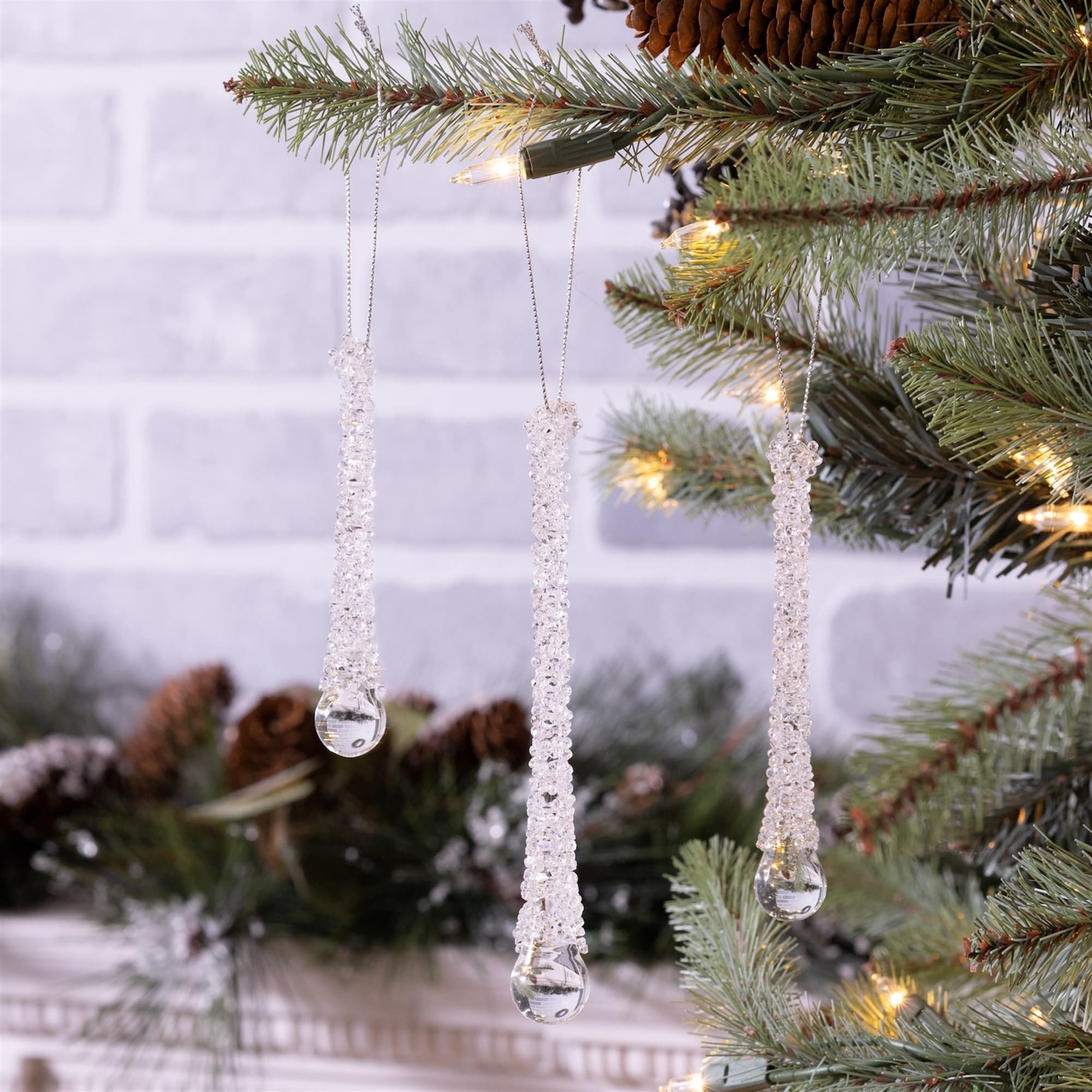 Beaded Icicle Drop Glass Christmas Ornaments Clear -12ct