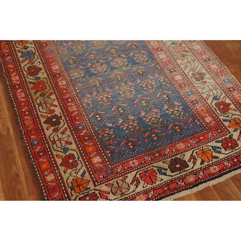Hand Knotted Oriental 100% Wool Carpet Traditional Geometric Navy Blue & Blues Heriz Runner Rug - 15' 0'' X 3' 6''