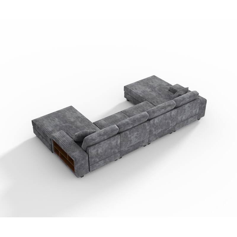 139.76" Corduroy U-Shaped Sectional Sofa with Storage Arms & Pocket Spring Cushions
