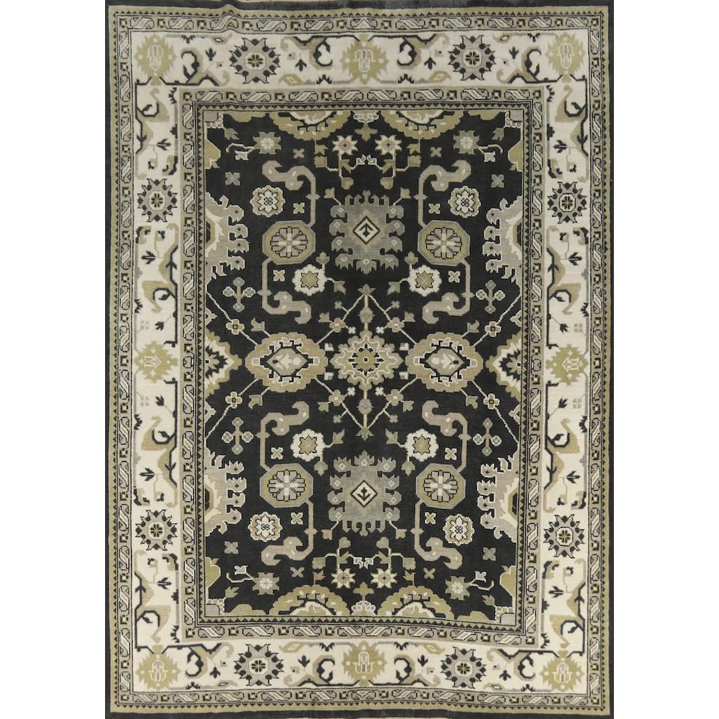 Black Oushak Indian Area Rug Hand-Knotted Wool Carpet - 9'1" x 11'9"