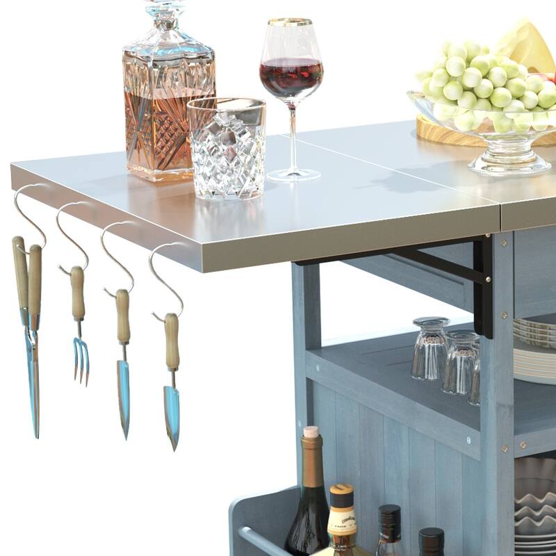 40.5" Outdoor Grill Cart with Stainless Steel Top,Solid Wood Outdoor Storage Cabinet with Drop Leaf - N/A