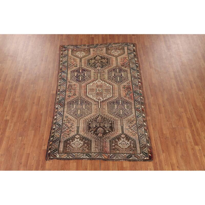 Tribal Geometric Qashqai Persian Antique Rug Hand-Knotted Wool Carpet - 5'0" x 7'11"