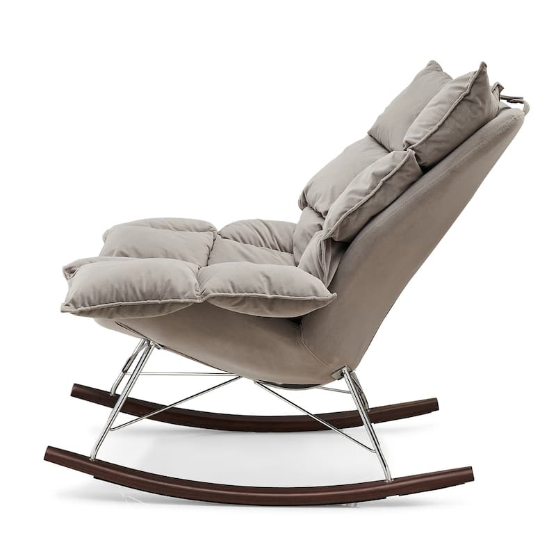 Grey Velvet Rocking Accent Armchair with Tufted Wingback and Thick Padded Seat