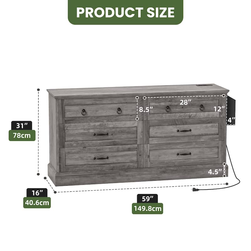 Farmhouse 6 Drawer Dresser, TV Stand, Chest of Drawers With Charger Station And Side Pocket