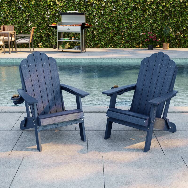 Foldable HDPE Adirondack Chair All-Weather W/ Cup Holder - NavyBlue - 2-Piece