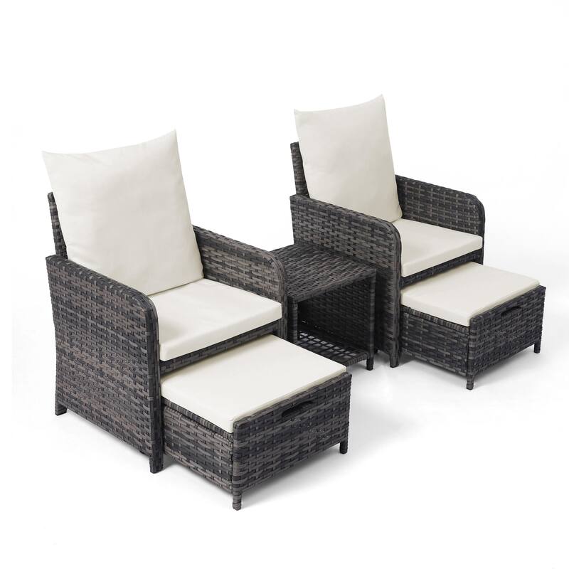 5-Piece PE Rattan Outdoor Patio Set with 2 Chairs, 2 Ottomans, Coffee Table