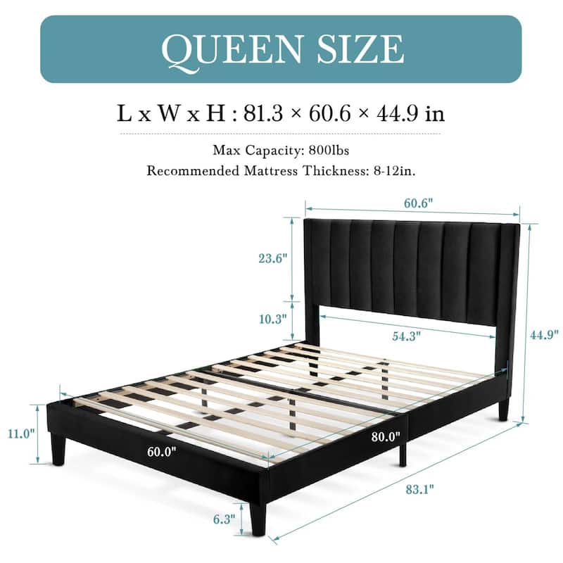 Velvet Upholstered Platform Bed Frame with Sturdy Slats and Headboard