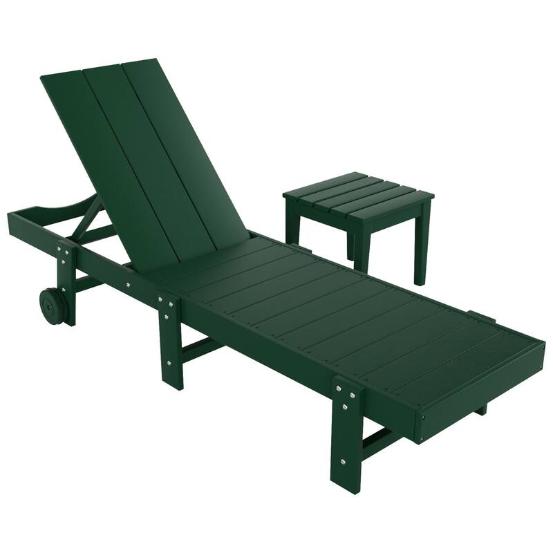 Polytrends Shoreside Modern Poly Eco-Friendly All Weather Reclining Chaise Lounge With Wheels and Side Table (2-Piece Set)
