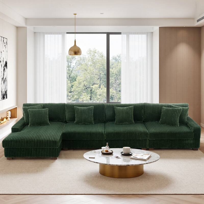Cotton Flannel 3-Seat Modular Sectional Sofa with Chaise - Green - Left Facing
