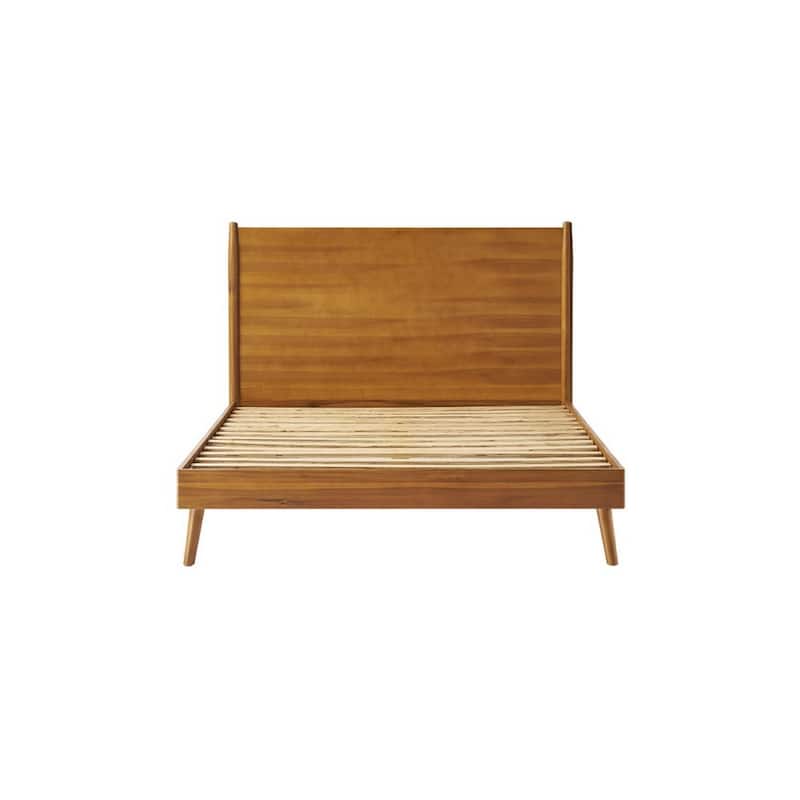 Ozzy Queen Size Bed with Slat Panel Design, Natural Acacia Wood Finish