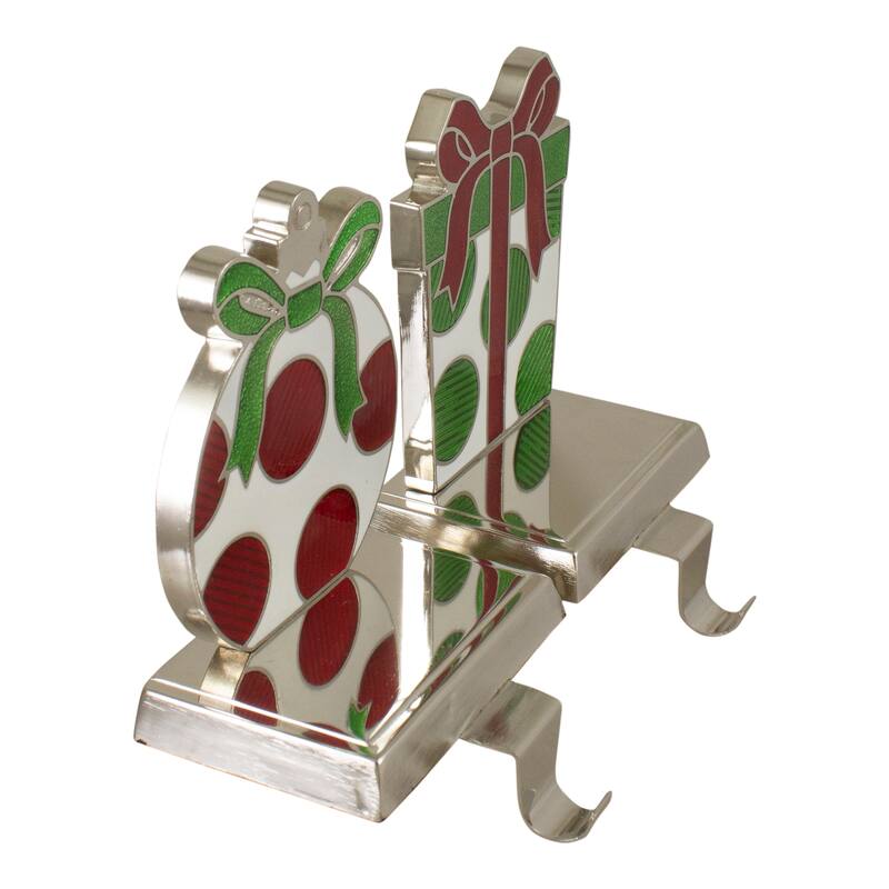 Set of 2 Green, Red, and Silver Gift Box Christmas Stocking Holder