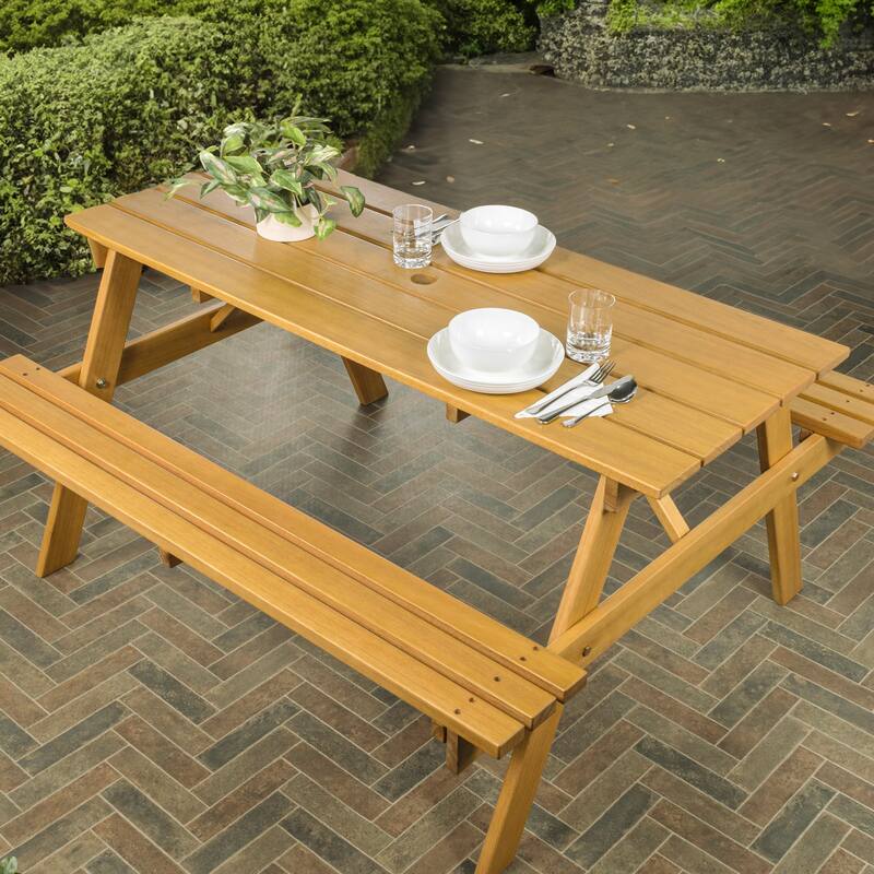 Shoreham 55" Modern Classic Outdoor Wood Picnic Table Benches with Umbrella Hole - Teak Brown