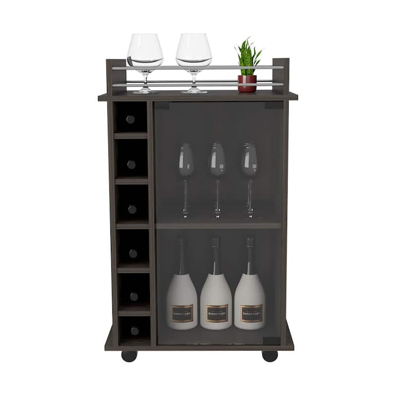 Sleek Bar Cart with Glass Door, Six Wine Cubbies, Locking Casters, Top Shelf - Carbon Espresso