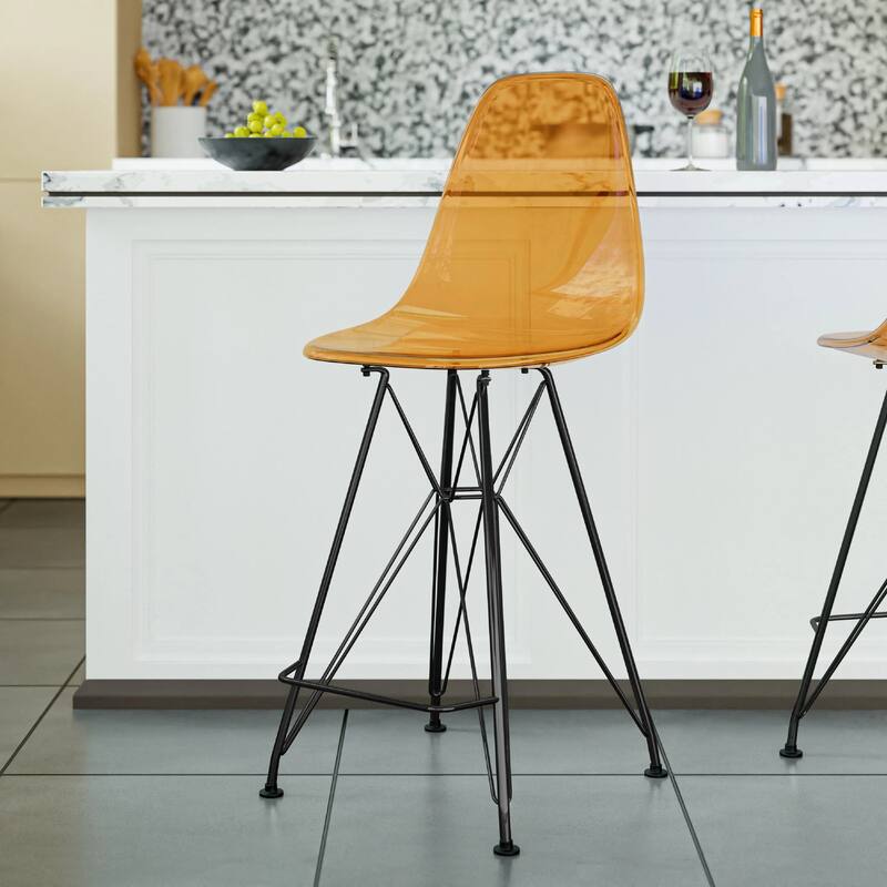 Cresco Acrylic Barstool in Brushed Black Steel Base with Ergonomic Seat, Footrest, & Floor Pads for Kitchen or Home Bar Set of 2