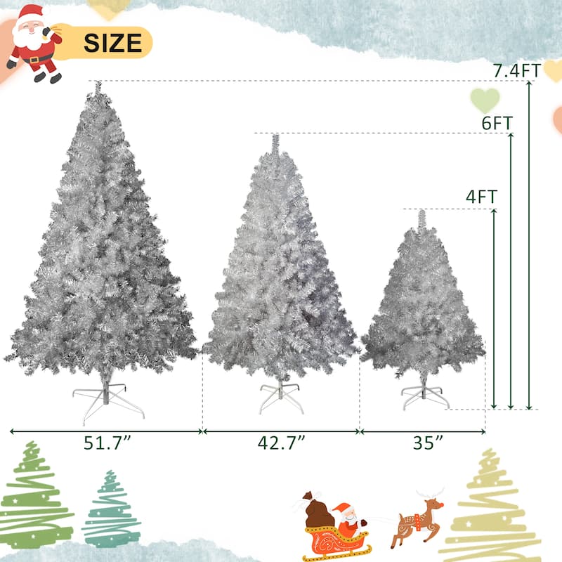4FT Sliver Pre-Lit Artificial Christmas Tree,Hinged Full Tree with Metal Stand,400 Branch Tips,150 LED Lights,11 Lighting Modes