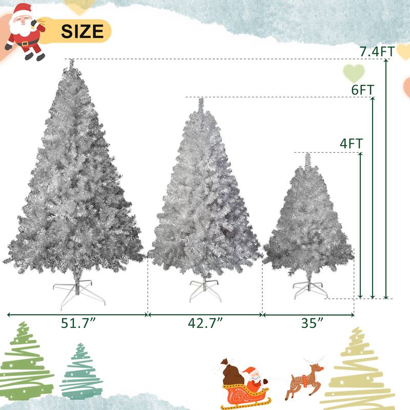 Silver Pre-Lit Artificial Christmas Tree 4FT/6FT/7.4FT with LED Lights, Hinged PVC Full Tree and Metal Stand