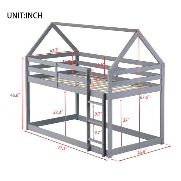 dimension image slide 1 of 5, Wooden Twin over Twin Bunk Bed with House Roof, Ladder, Guardrails, and Under-Bed Storage