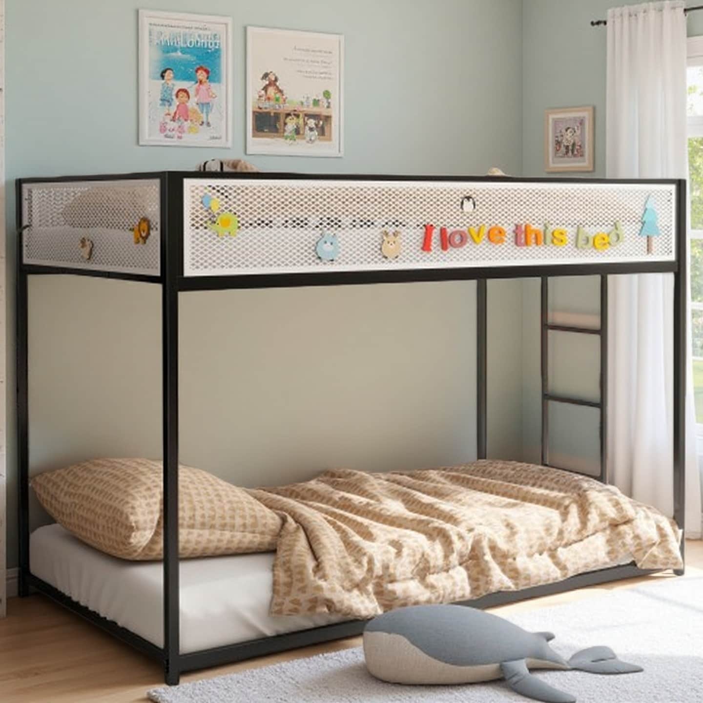 Twin Over Twin Metal Bunk Bed with Mesh Guardrails, Durable Square Tube Frame, Reversible Ladder, and Low-Profile Design