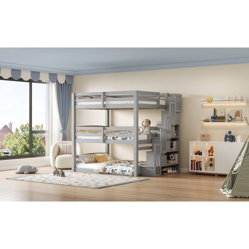 Triple Bunk Bed Twin Size Floor Bed with Storage Staircase