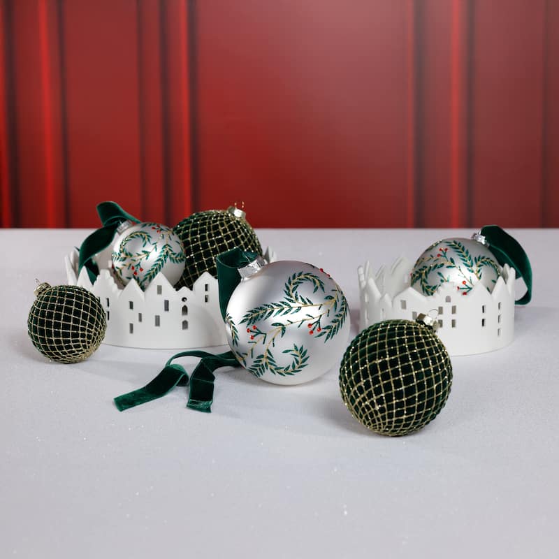 Flocked Glass Ball Christmas Ornaments with Gold Accents, Set of 6, 4"