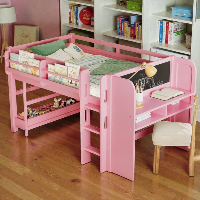 Low Loft Bed with Desk, Storage Bookcases, Drawers & Boxes, Solid Wood Kids Loft Bed with Blackboard Shelf