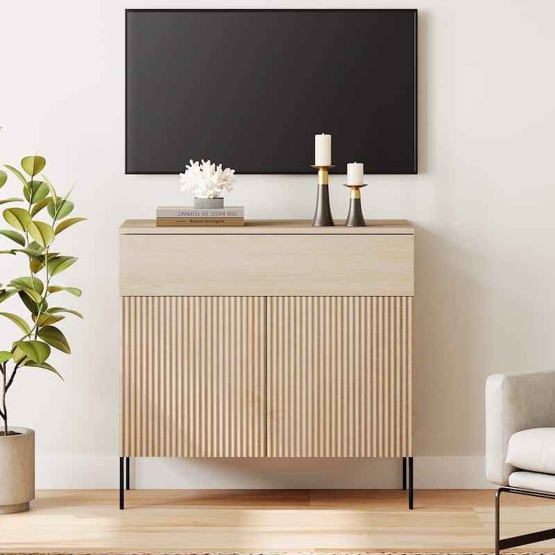 31.5" Modern Reeded TV Stand With Doors, Entertainment Center With Shelf, Wooden TV Console - 1PC - Beige