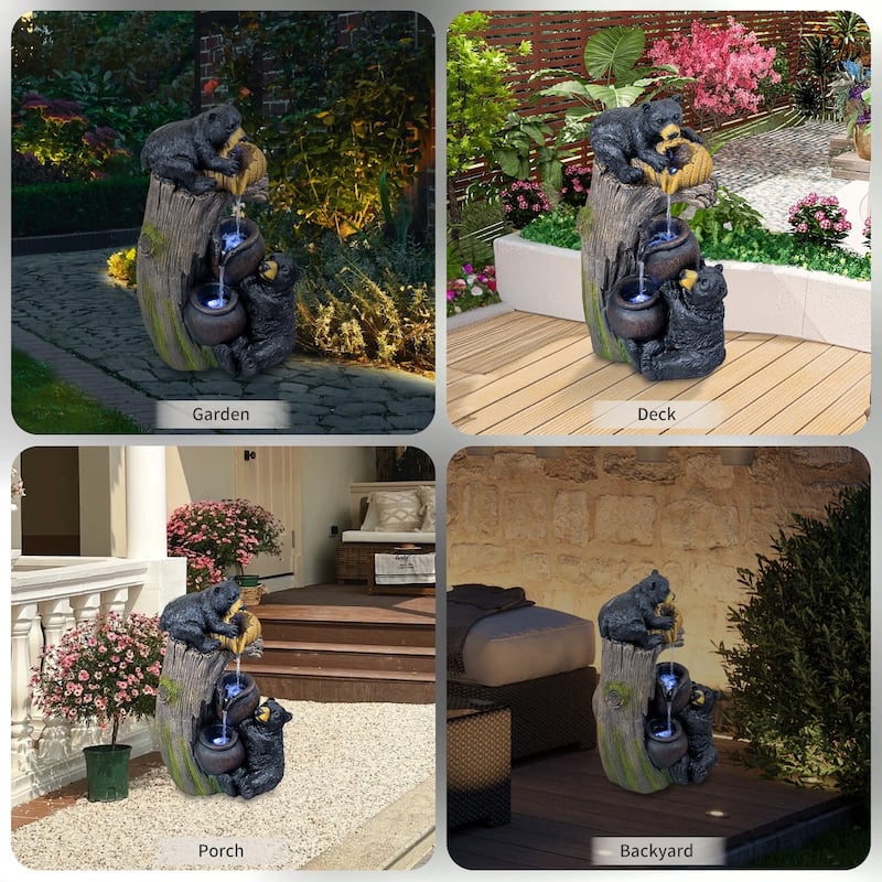 23.62 Inch Bear Outdoor Water Fountain with LED Lights Cascading Resin Garden Water Feature - N/A - Bird Bath