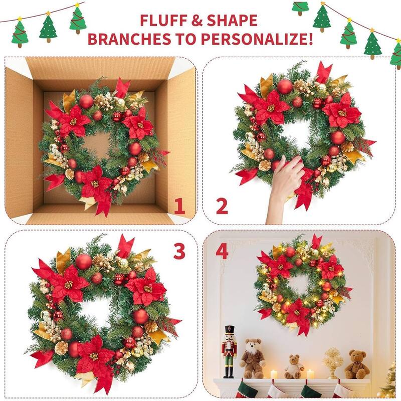 24 Inch PVC Christmas Wreath, Red and Golden Ornament Wreath for Front Door, Fireplace and Table - N/A