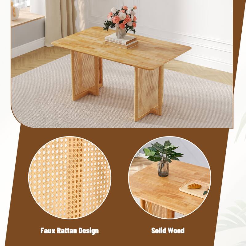Chinese Retro Country Style Solid Wood & Imitation Rattan Dining Table, Modern Simple Wooden Table