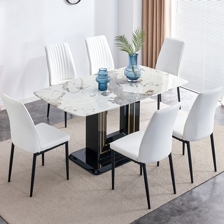 7 Piece Faux Marble Dining Table Set, Modern White Faux Marble Dining ...