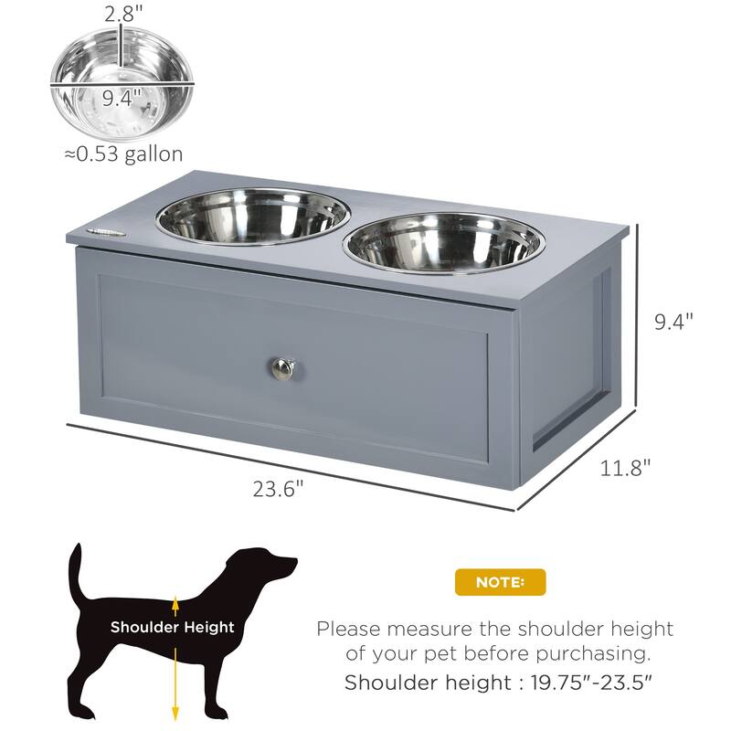 Elevated Dog Bowls, Raised Dog Bowl Stand with Storage, 2 Stainless Steel Bowls, Pet Feeding Station for Medium Dogs - Grey